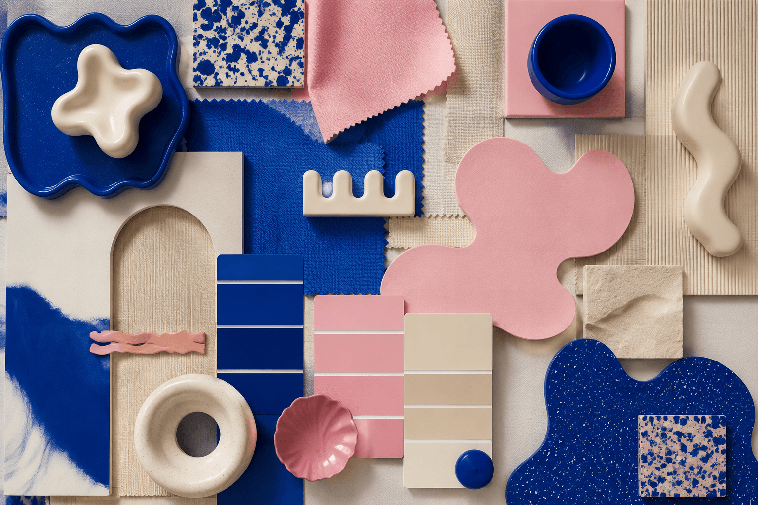 A colour clash and shape mix board with cobalt, bubblegum and cream tiles